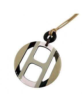 Hermes Necklace Equipe Pendant Hose Beige Pink Buffalo Horn Leather Silver